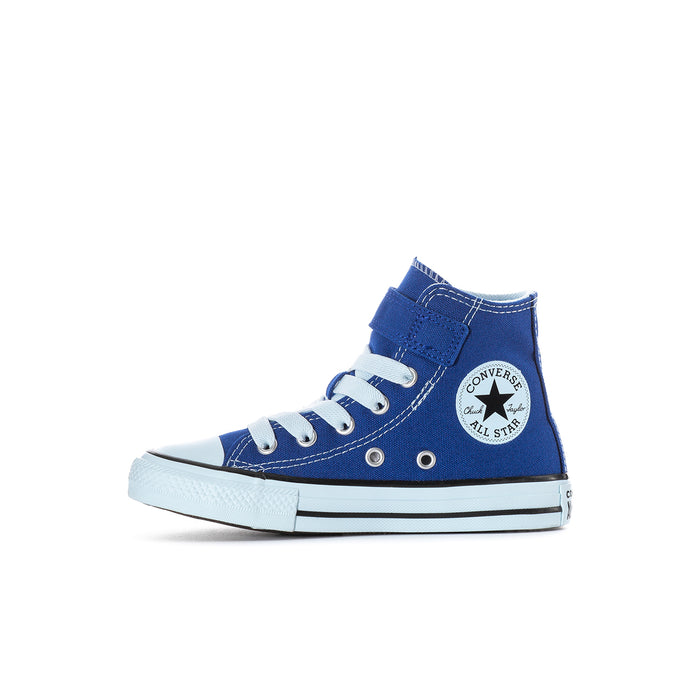 Kids' blue high-top Converse sneakers, front quarter view, white rubber sole