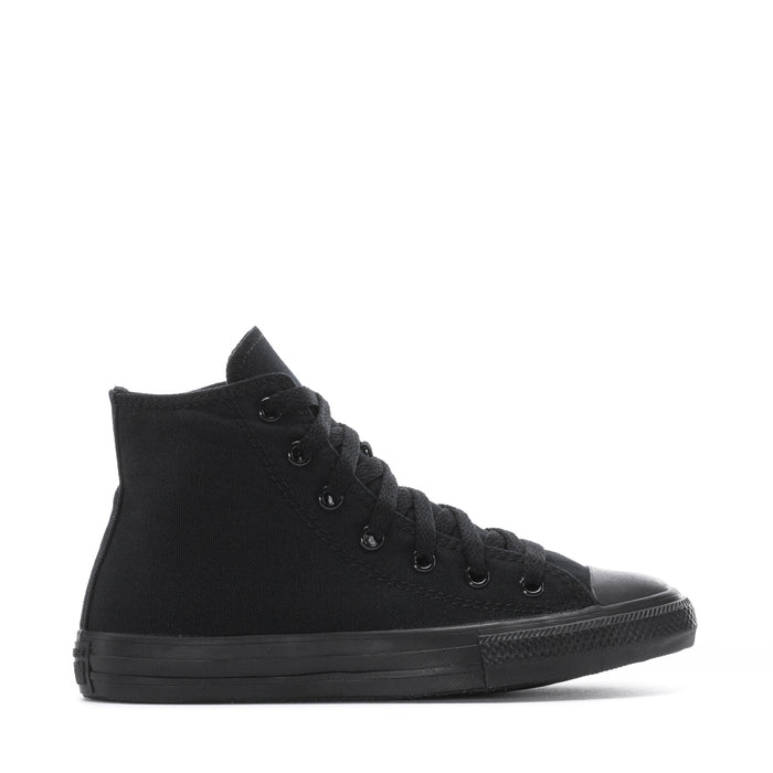Kids black high-top Chuck Taylor All Star with lace-up canvas and rubber toe cap