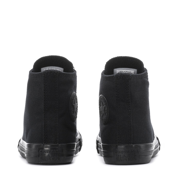 Kids black Chuck Taylor All Star high-top sneakers with heel and rear view