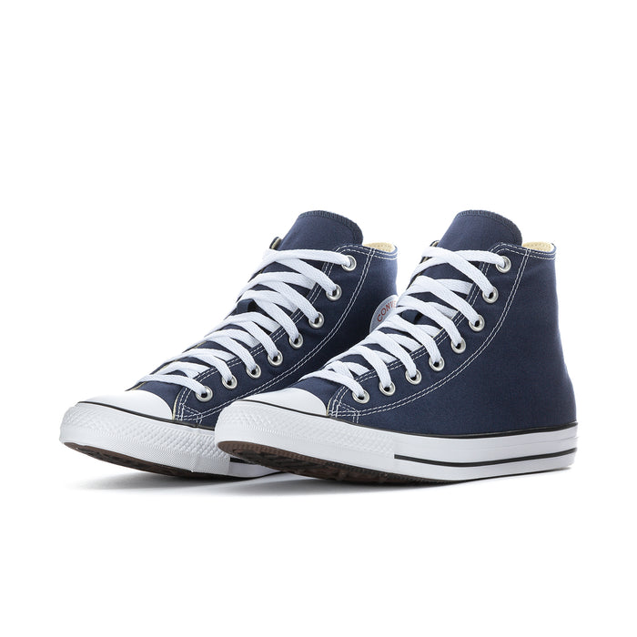 Men's navy high-top canvas sneakers with white laces and black-and-white sole