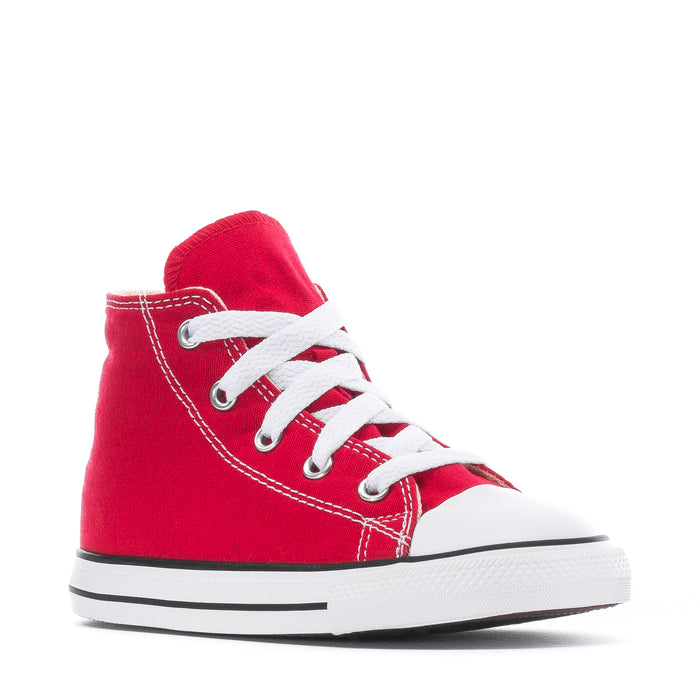 Toddler red high-top canvas sneakers with white laces and black-and-white midsole