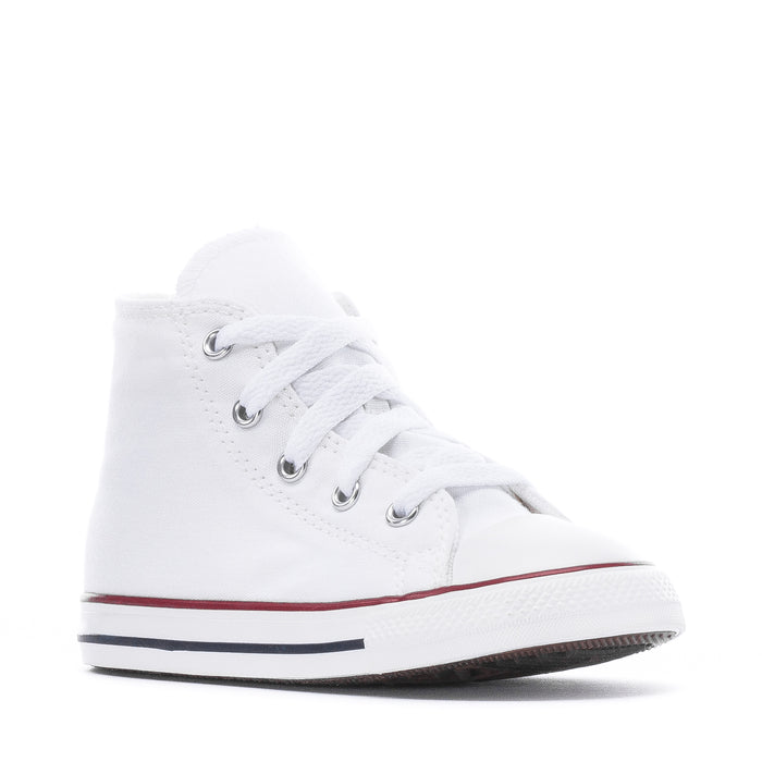 Optical white toddler high-top sneaker, lace-up canvas with rubber toe and red trim