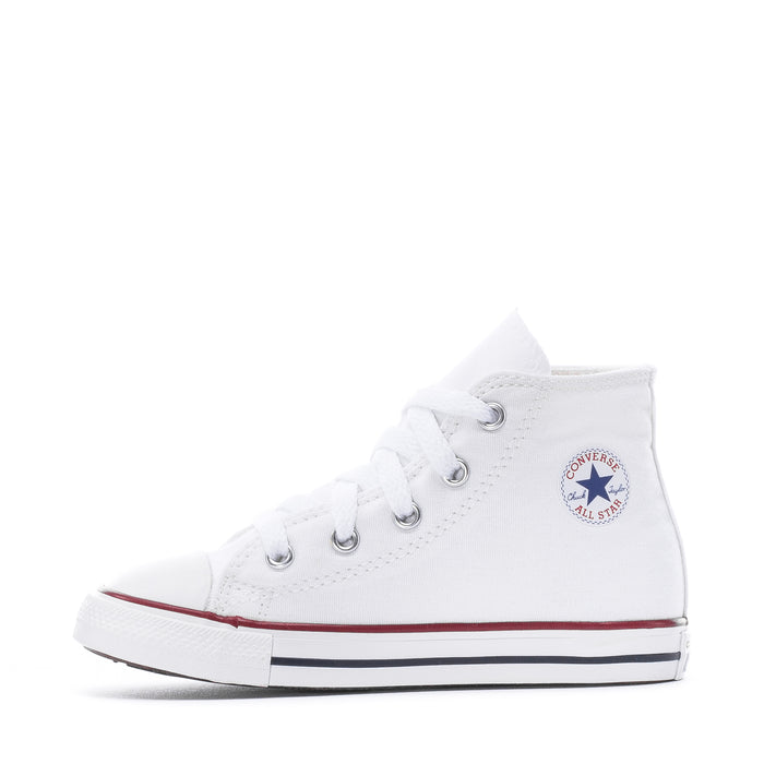 Optical white toddler high-top canvas sneakers, lace-up with red/black striped sole