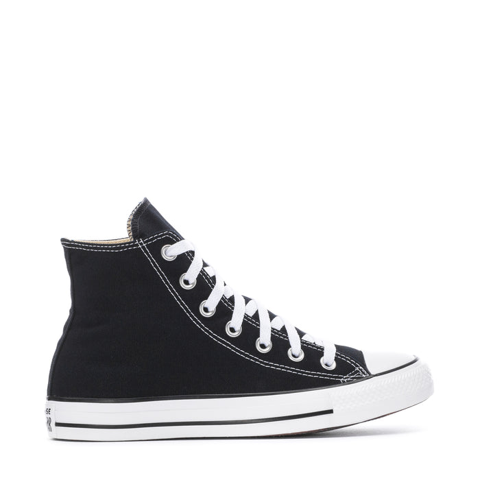 Youth black canvas high-top sneakers with white laces and white rubber midsole