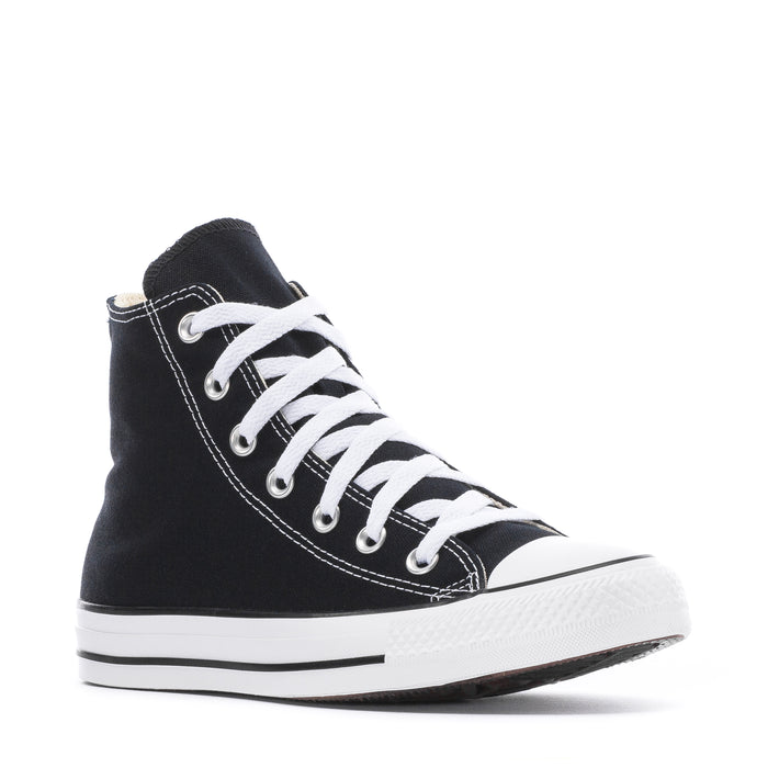 Youth black canvas hi-top sneakers with white lace-up and white rubber midsole