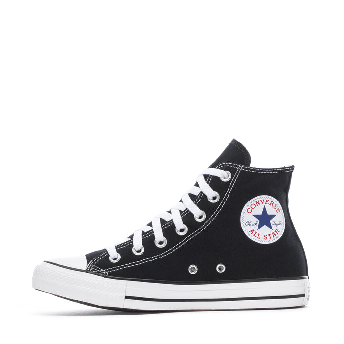 Youth black canvas high-top sneakers with white laces and Converse All Star side patch