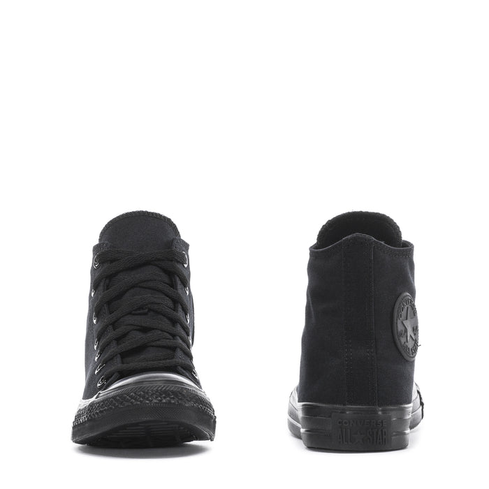 Youth black high-top sneaker shown from front and heel, lace-up style