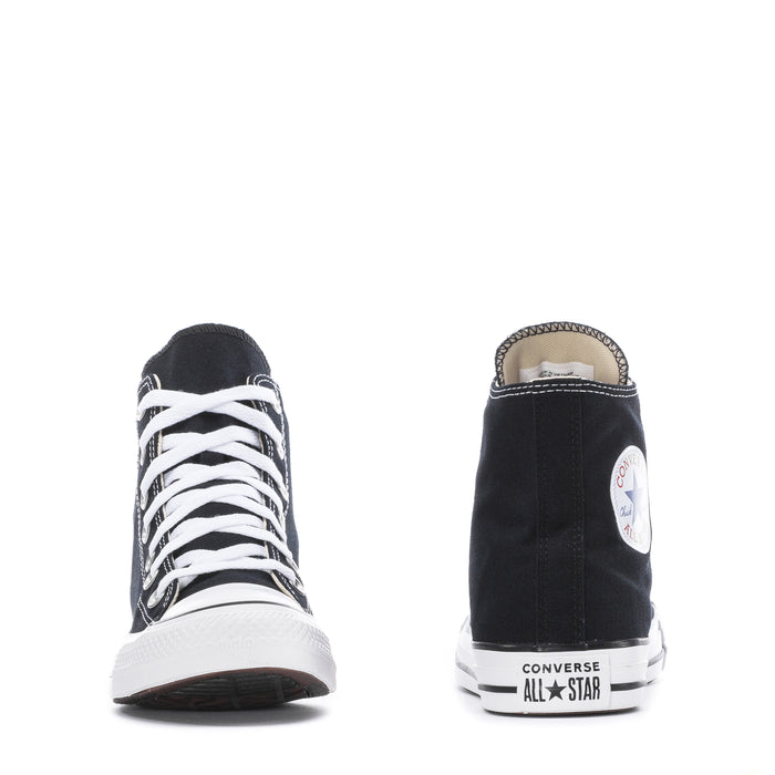 Youth black canvas high-top sneakers showing heel badge and white rubber sole
