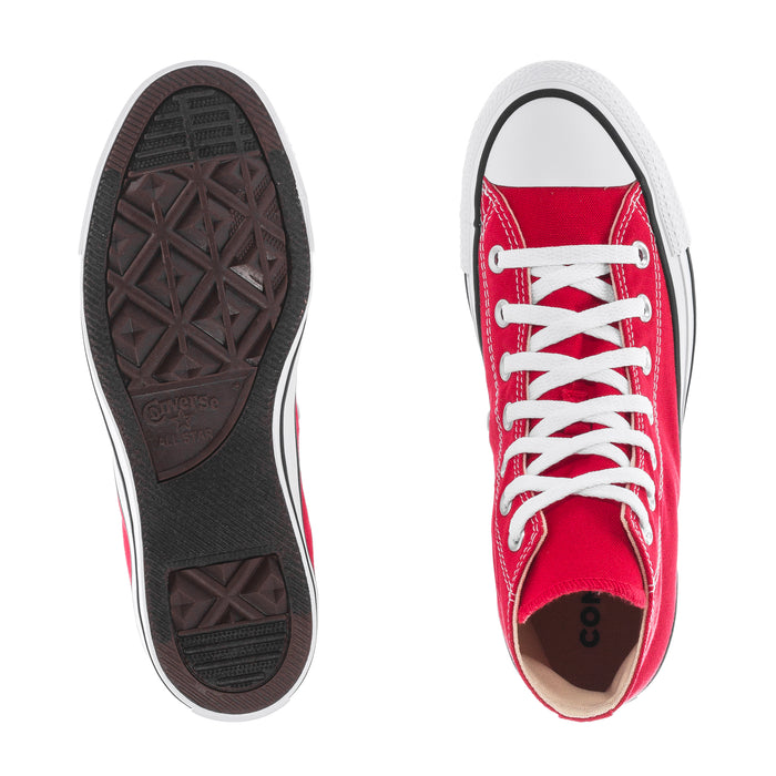 Youth red high-top canvas sneaker soles shown: tread outsole and white rubber toe