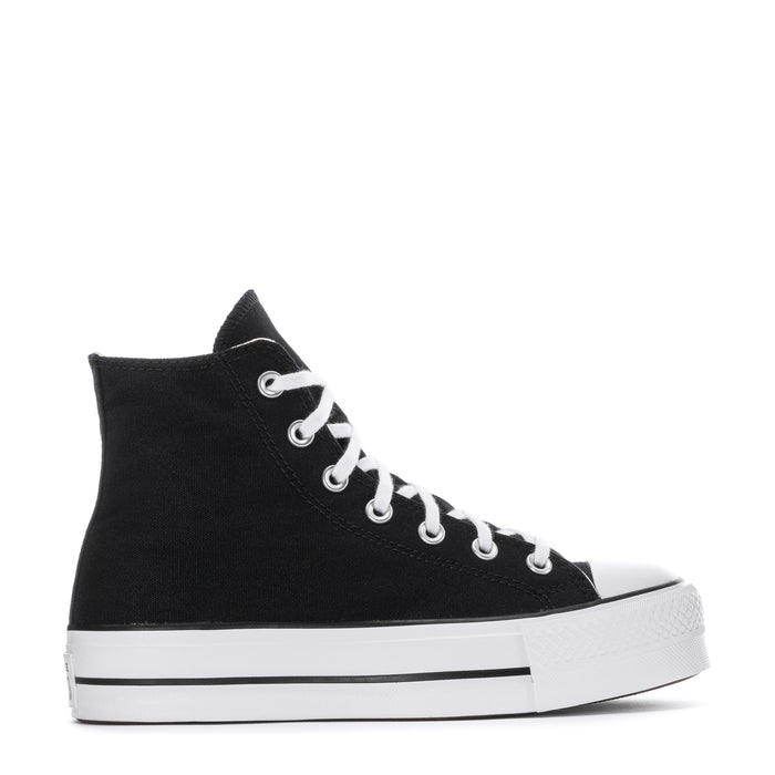 Women's black high-top platform sneaker with white laces and rubber sole