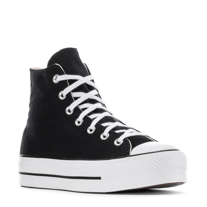 Women's black high-top platform sneaker with white lace-up eyelets and thick sole