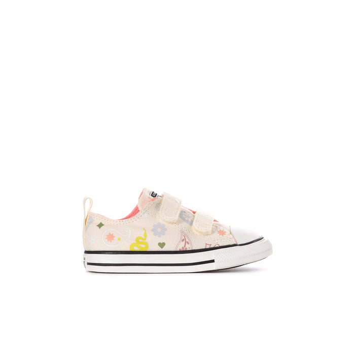Kids' low-top canvas sneakers with velcro strap, white with multicolor paisley print