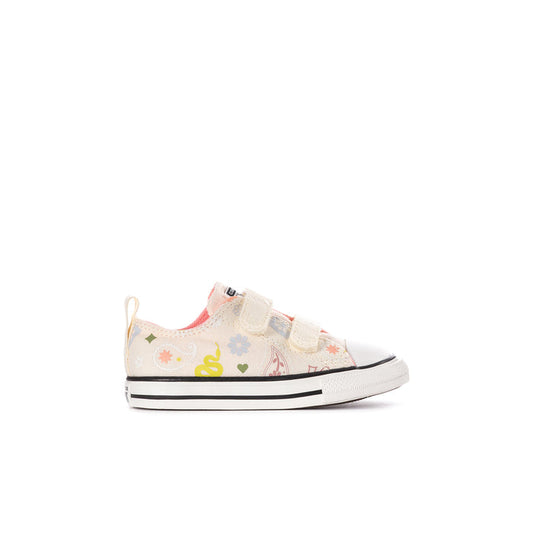 Kids' low-top canvas sneakers with velcro strap, white with multicolor paisley print