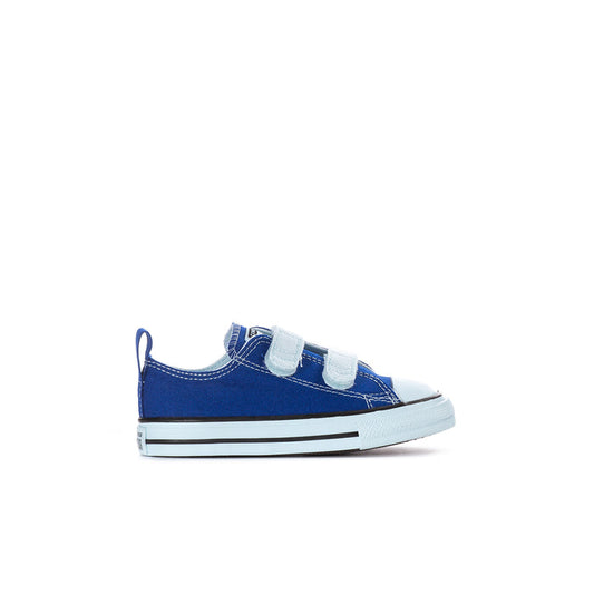 Toddler low-top canvas sneakers, blue with white toe cap and hook-and-loop strap
