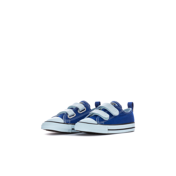 Toddler low-top canvas sneakers, blue with hook-and-loop closures and white midsole