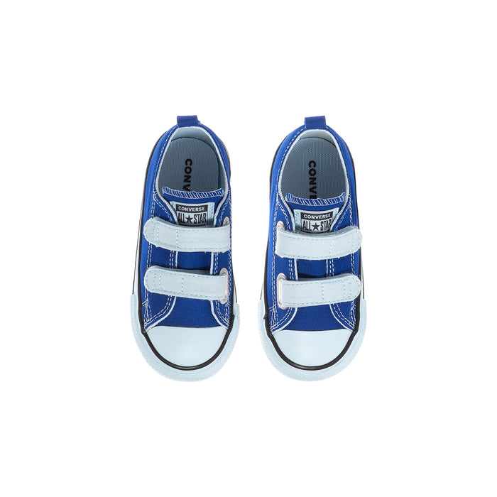 Toddler low-top canvas sneakers, blue uppers with white hook-and-loop straps