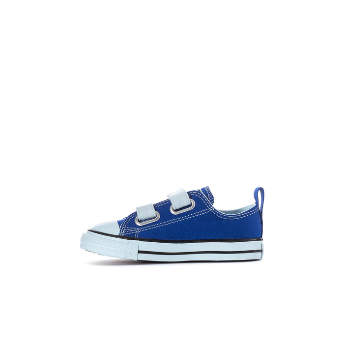 Toddler low-top canvas sneakers, blue with white stripe detailing and hook-and-loop strap