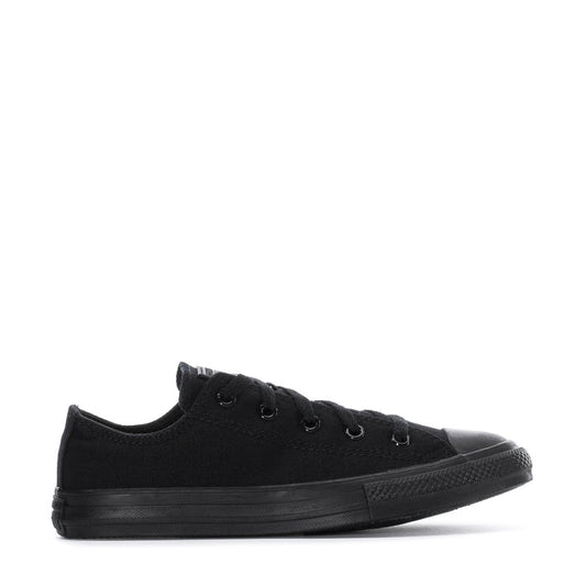 Kids black monochrome low-top sneakers with lace-up canvas and rubber toe cap