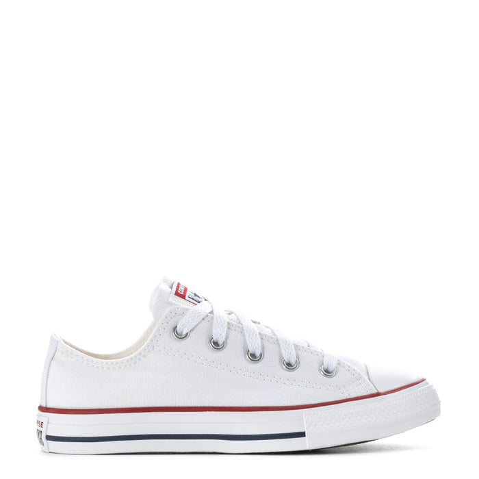 Kids white canvas low-top sneakers with red and navy stripe accents and lace-up front