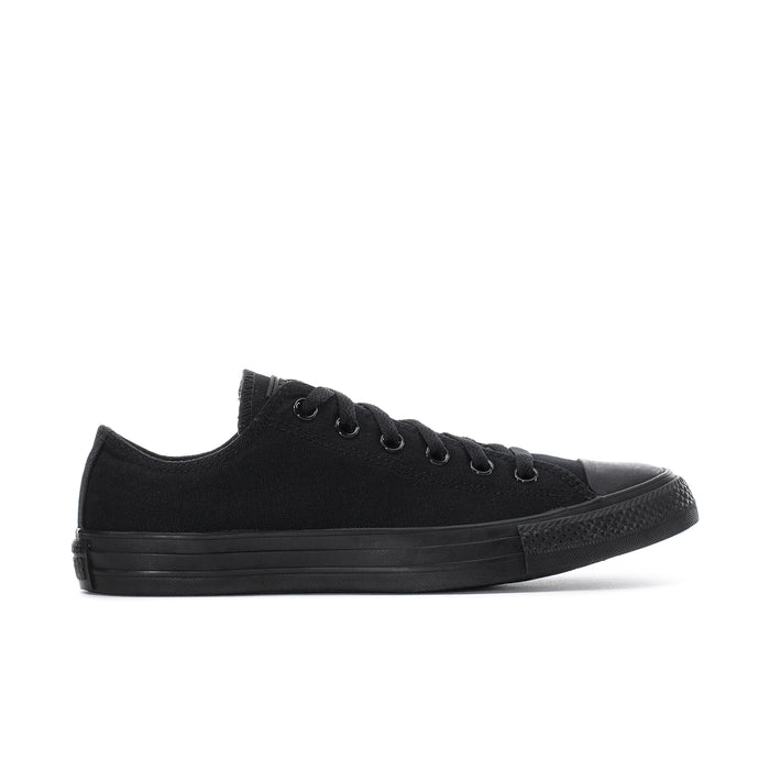 Black low-top lace-up canvas sneaker with rubber toe cap and dark vulcanized sole