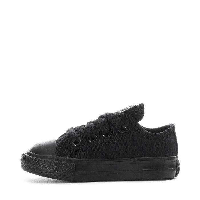 Toddler black low-top sneakers with lace-up front and all-black rubber sole