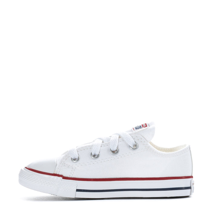 Optical white toddler low-top canvas sneakers, lace-up front and red trim