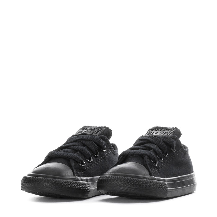 Pair of toddler black lace-up low-top sneakers with canvas upper and rubber sole