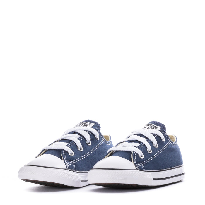 Navy toddler Chuck Taylor ox sneakers, front view pair with white laces