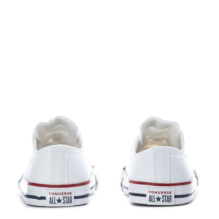 Toddler Converse All Star heel view on white canvas sneakers with red stripe