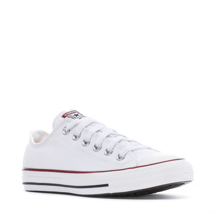 Youth optical white low-top lace-up sneakers with red stripe and black outsole