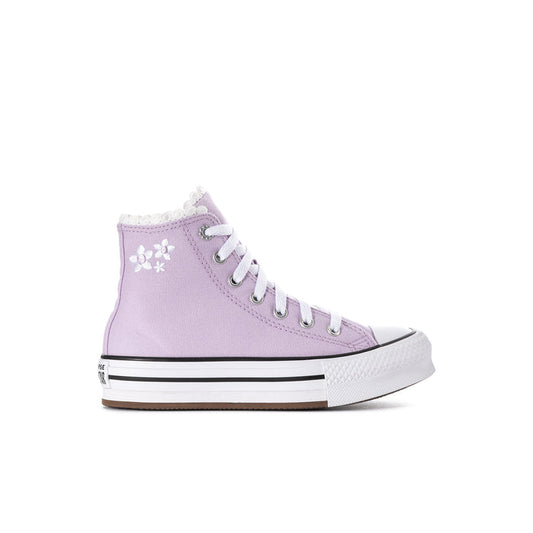 Kids high-top platform sneaker in lavender with white toe cap and lace-up front