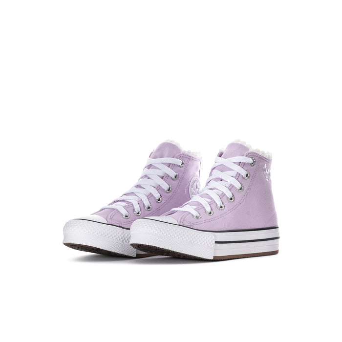 Kids high-top platform sneaker pair in lavender with white midsole and rubber toe cap