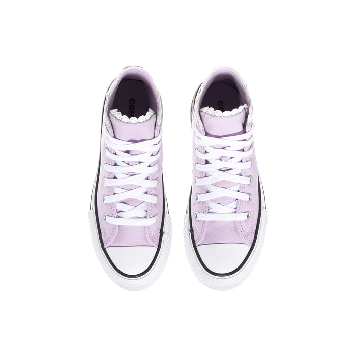 Pair of kids lavender high-top sneakers with white laces and dark contrast toe trim