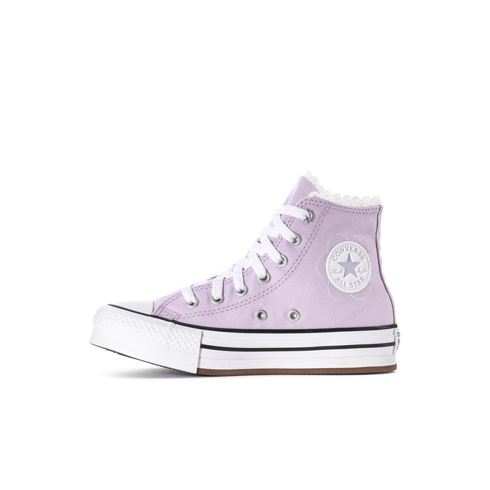 Kids lavender high-top platform sneaker with lace-up front and side ankle patch detail