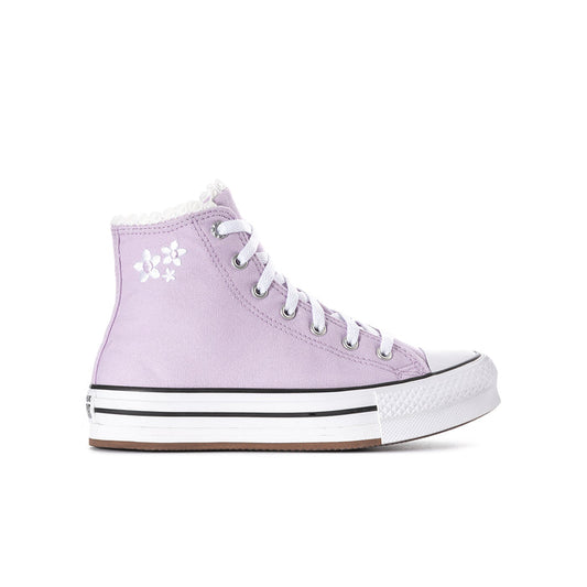 Youth platform high-top sneaker in lavender with white laces and white rubber sole