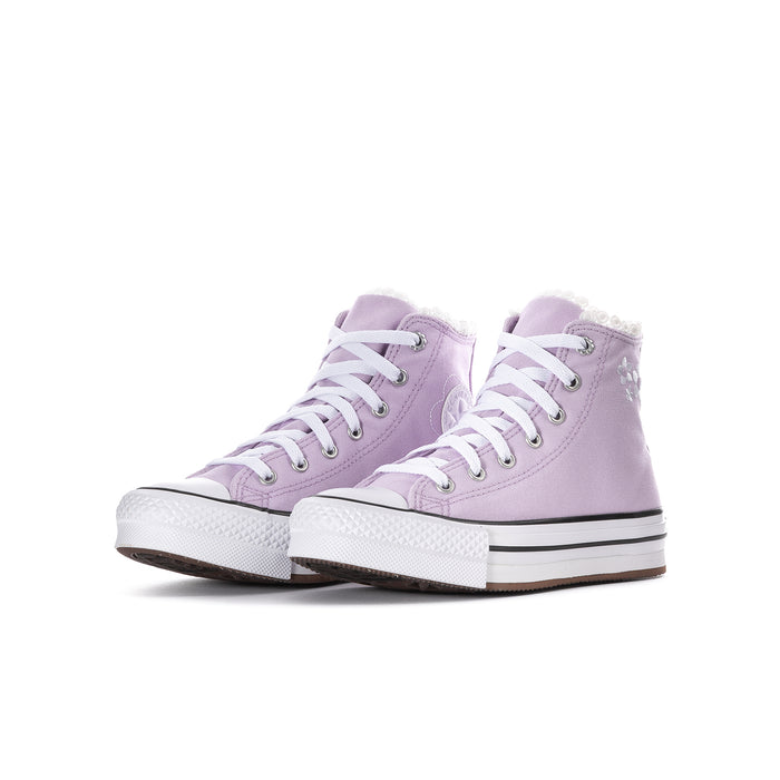 Youth platform high-top sneaker, lavender canvas uppers, white laces, rubber toe cap