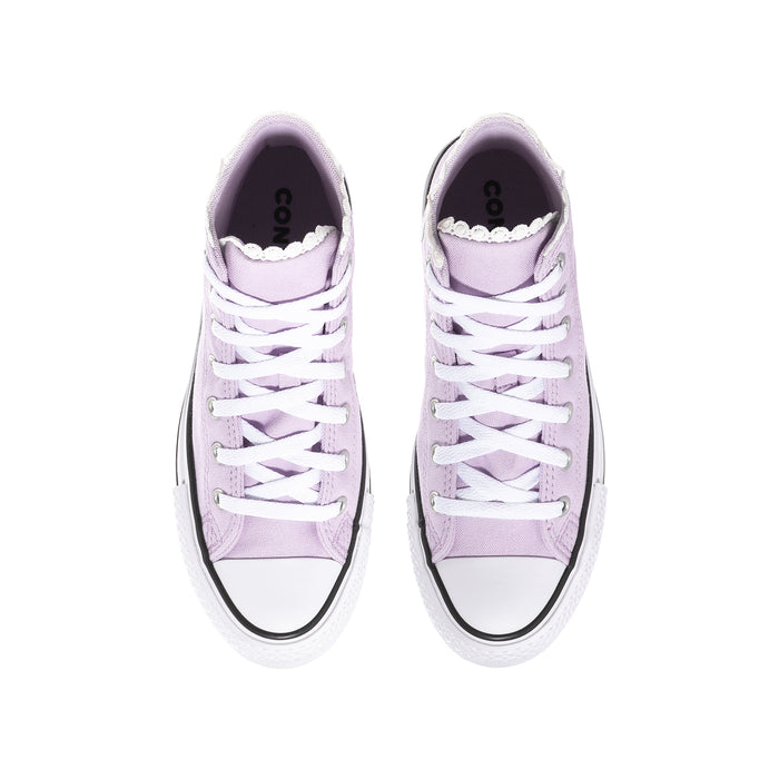 Pair of youth high-top sneakers in lavender with white laces and toe bumper