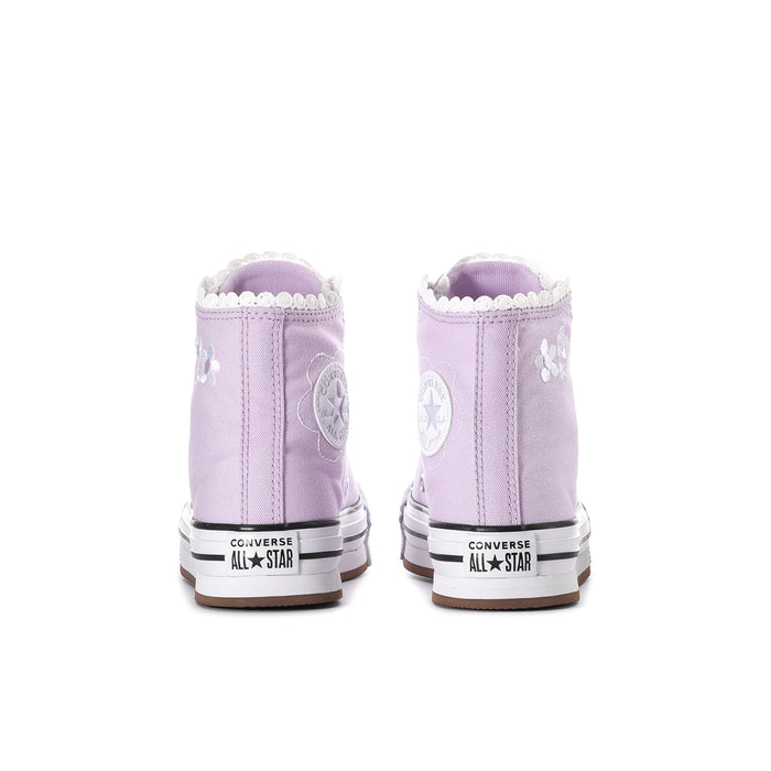 Youth platform high-top sneaker backs in lavender with Converse All Star heel patch