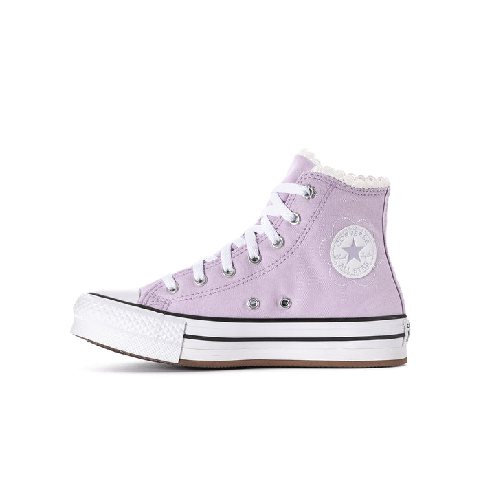 Youth lavender high-top sneaker with side star badge, white laces, platform sole