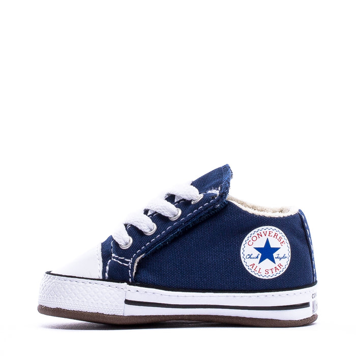 Infant navy canvas low-top sneakers with white sidewall and Converse All Star patch