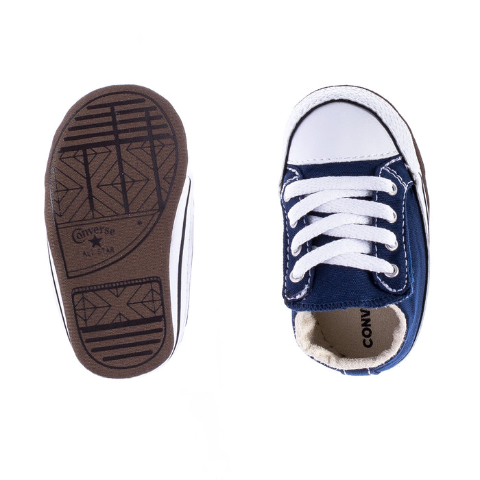 Infant sneakers: navy upper with white laces, plus brown outsole and logo print