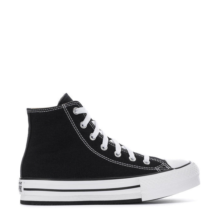 Kids black high-top platform sneakers with white laces and white rubber sole trim