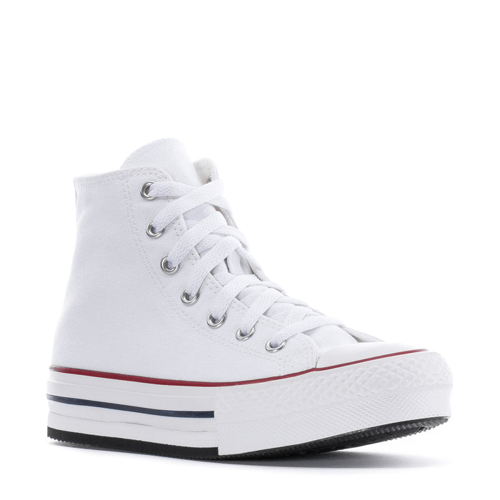 Kids white high-top platform sneaker, lace-up with red toe cap and navy side stripe.