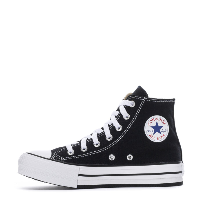 Kids black Converse high-top platform sneakers with white laces and side All Star patch