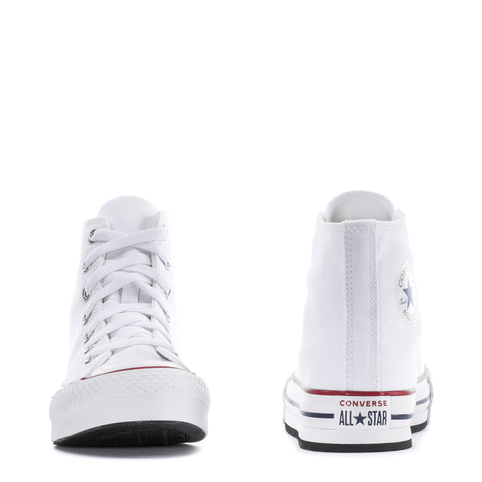 Kids white high-top platform sneaker, heel and side view with cushioned collar.