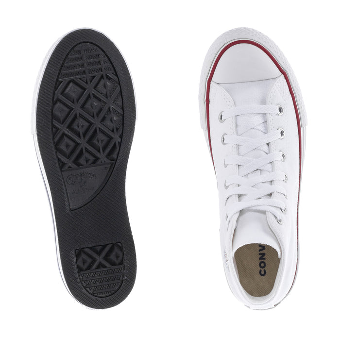 Kids white platform sneaker outsole view with black tread and white upper.