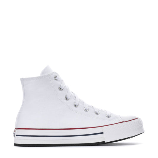 Youth white high-top platform sneaker with red trim, white laces, rubber sole