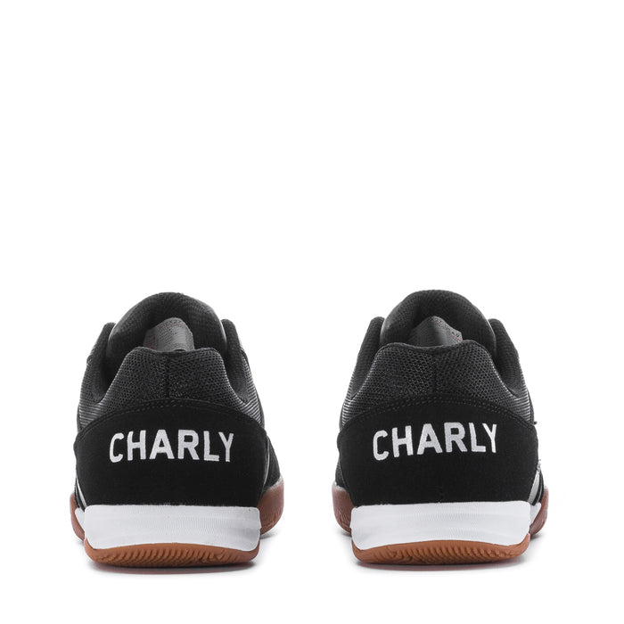 Men's black sneakers heel view with 'CHARLY' branding and gum sole