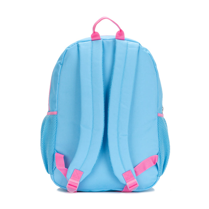 Light blue backpack with pink top handle and adjustable shoulder straps, back view