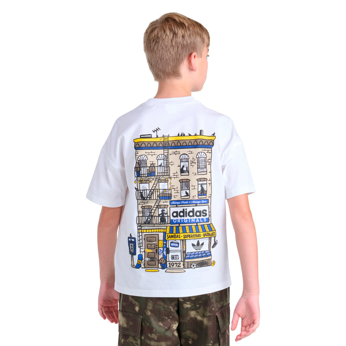 Youth white T-shirt, large back graphic with building and adidas Originals logo